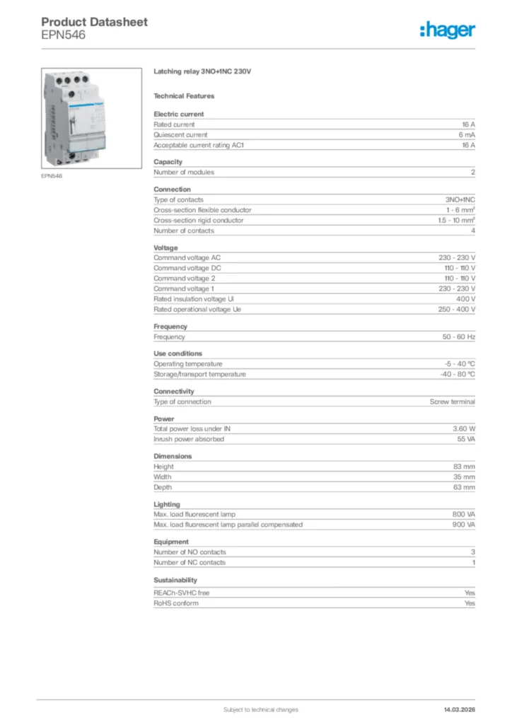 Image Hager Product data sheet EPN546  | Hager Africa