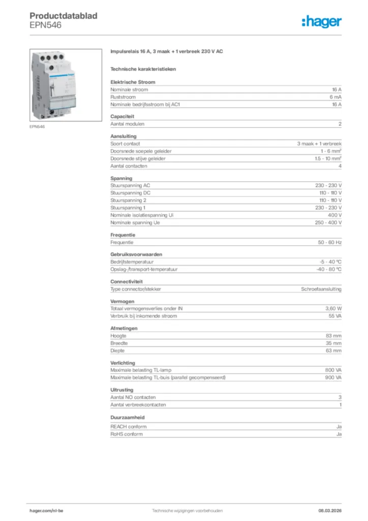 Afbeelding Hager Productdatablad EPN546 | Hager Belgium