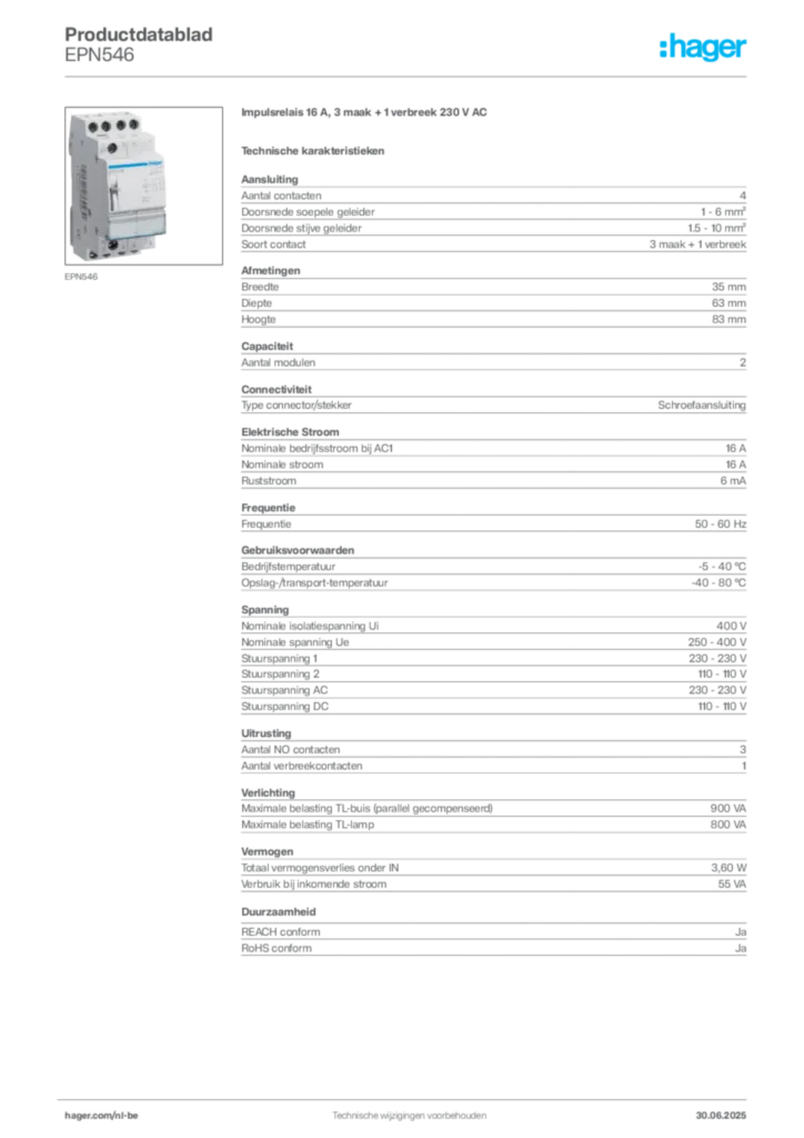 Afbeelding Hager Productdatablad EPN546 | Hager Belgium