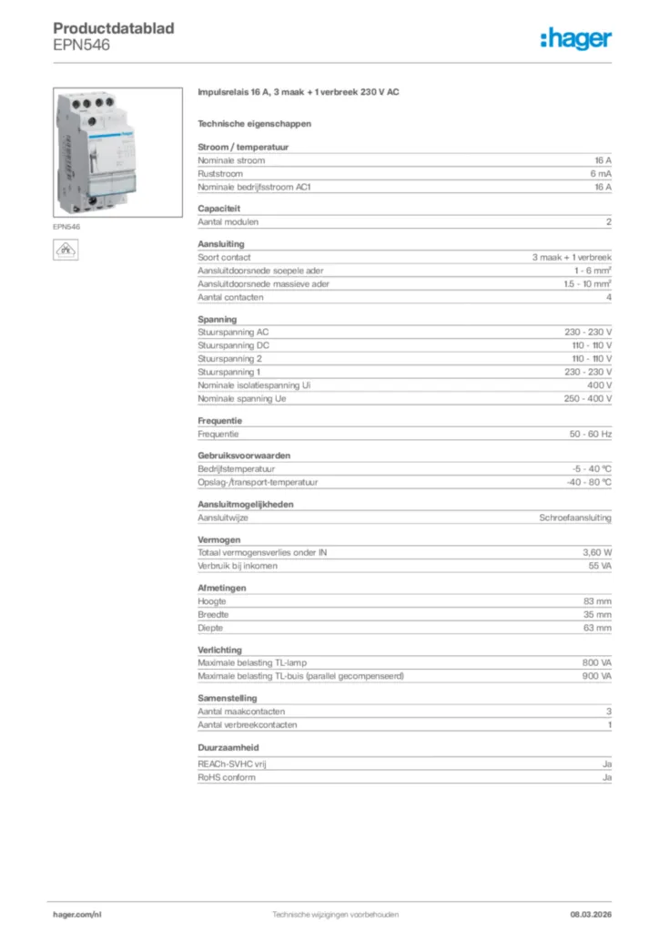 Afbeelding Hager Productdatablad EPN546 | Hager Nederland