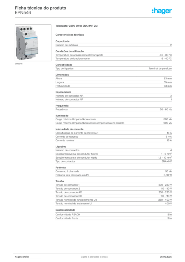 Imagem Hager Ficha técnica do produto EPN546 | Hager Portugal