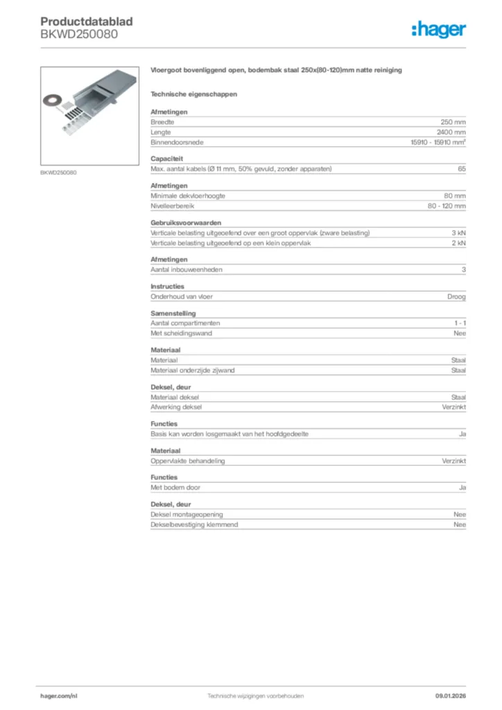 Afbeelding Hager Productdatablad BKWD250080 | Hager Nederland