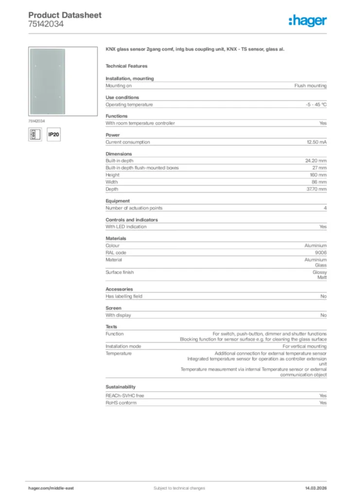 Image Hager Product data sheet 75142034  | Hager