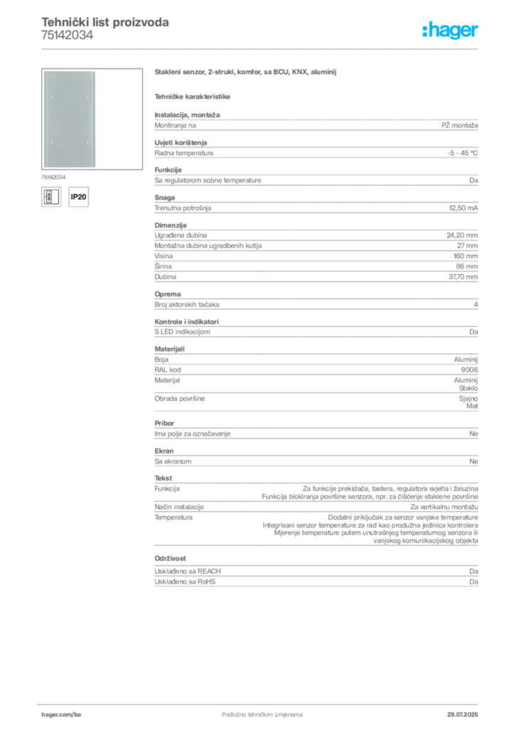 Slika Hager Product data sheet 75142034  | Hager