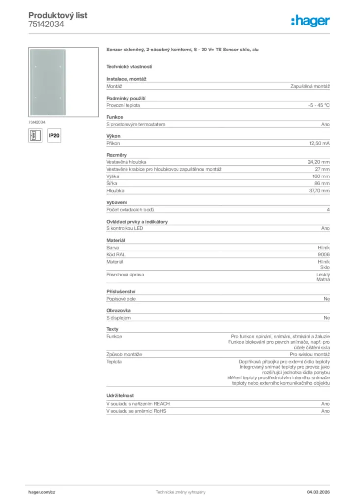Obrázek Hager Product data sheet 75142034 | Hager