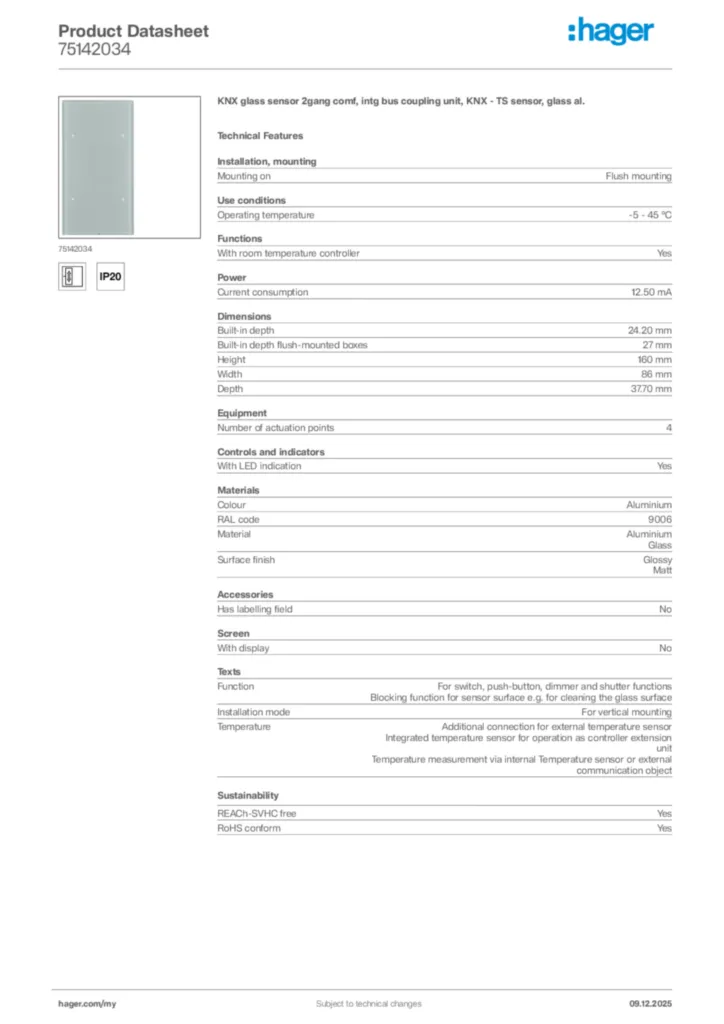 Image Hager Product data sheet 75142034  | Hager