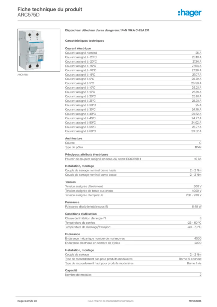 Image Hager Fiche technique du produit ARC575D | Hager Suisse