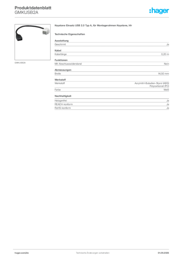 Hager Produktdatenblatt GMKUSB2A