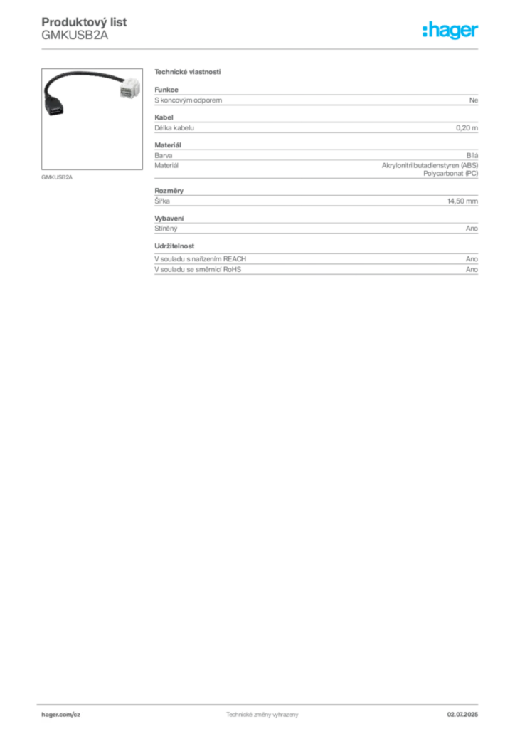 Obrázek Hager Produktový list GMKUSB2A | Hager