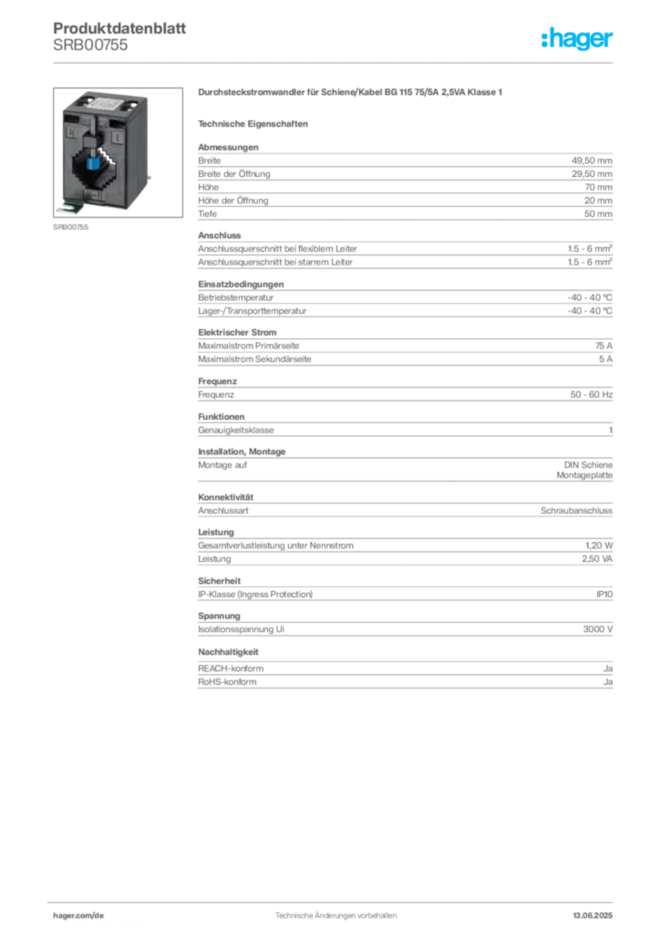 Hager Produktdatenblatt SRB00755