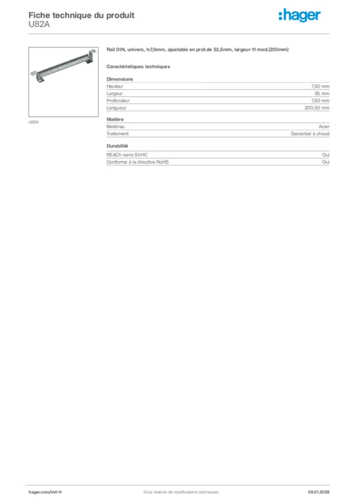 Image Hager Fiche technique du produit U82A | Hager Afrique