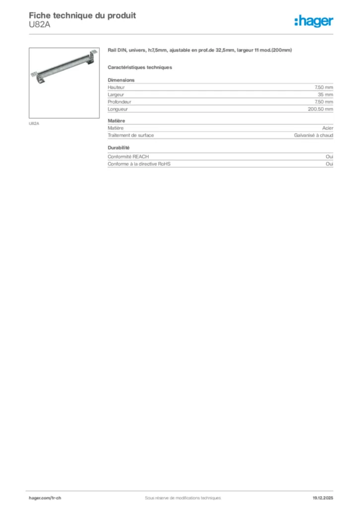 Image Hager Fiche technique du produit U82A | Hager Suisse