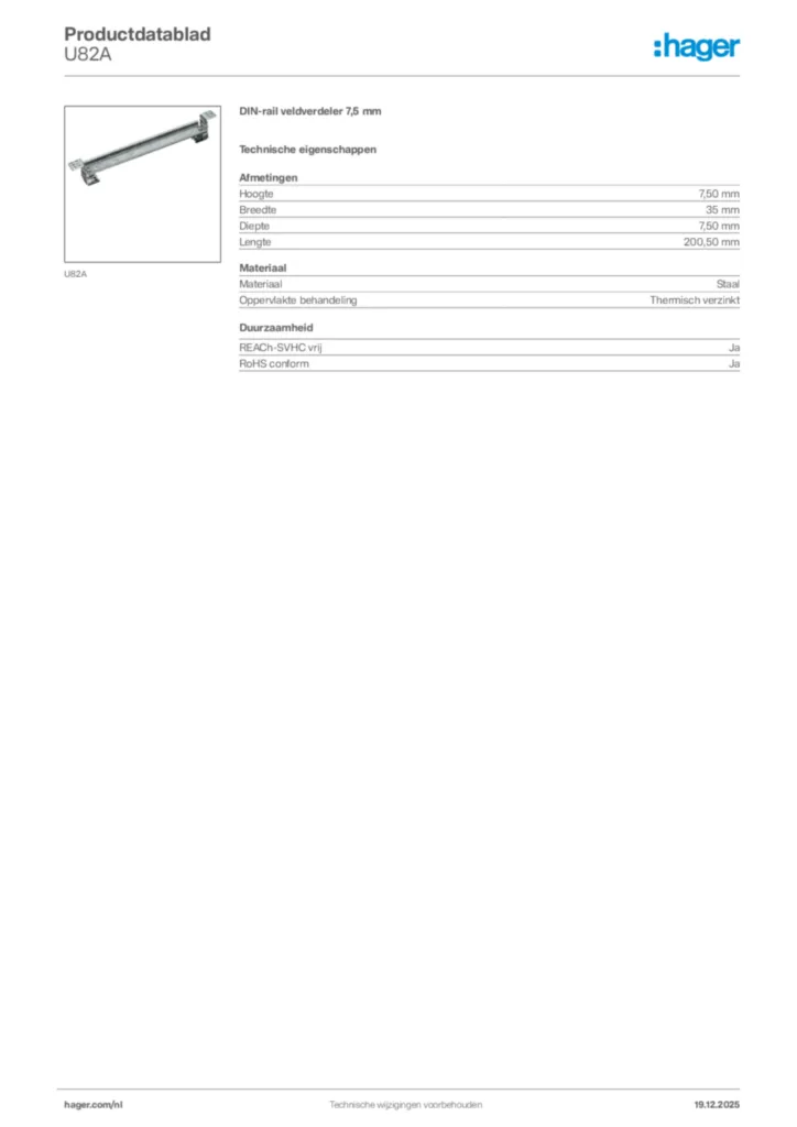 Afbeelding Hager Productdatablad U82A | Hager Nederland