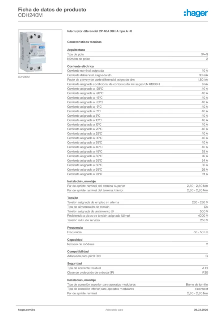 Imagen Hager Ficha de datos de producto CDH240M | Hager España