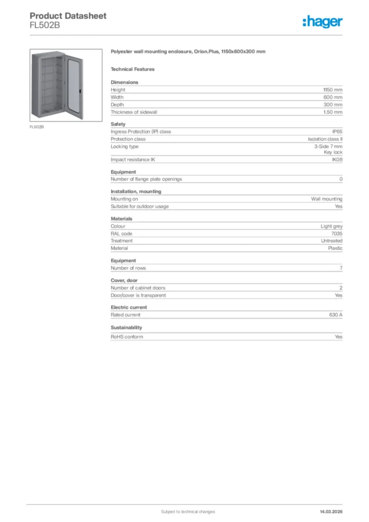 Image Hager Product data sheet FL502B  | Hager Africa