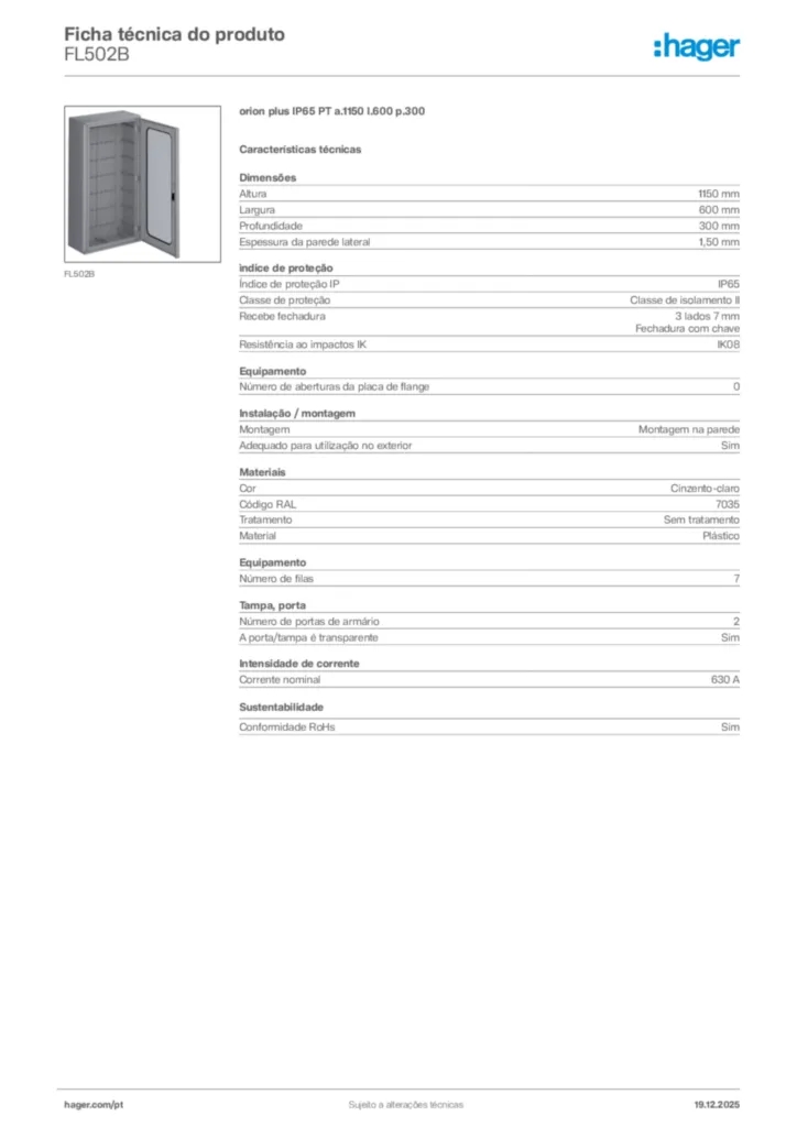 Imagem Hager Ficha técnica do produto FL502B | Hager Portugal