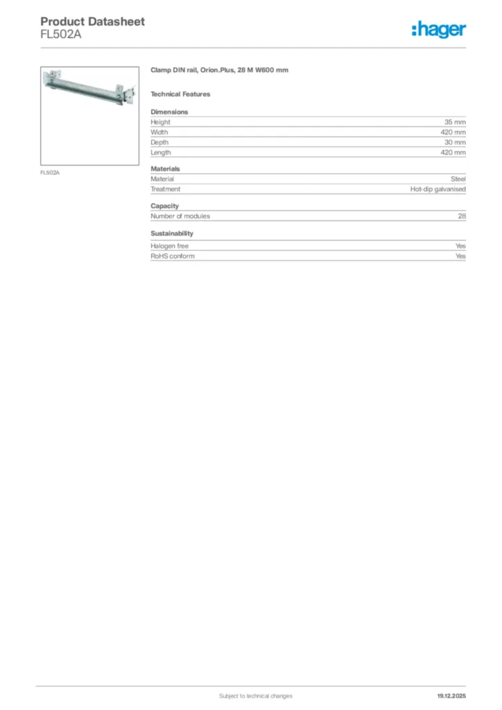 Image Hager Product data sheet FL502A  | Hager Africa