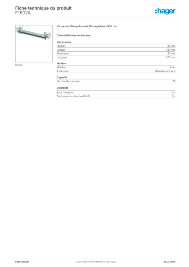 Image Hager Fiche technique du produit FL502A | Hager France