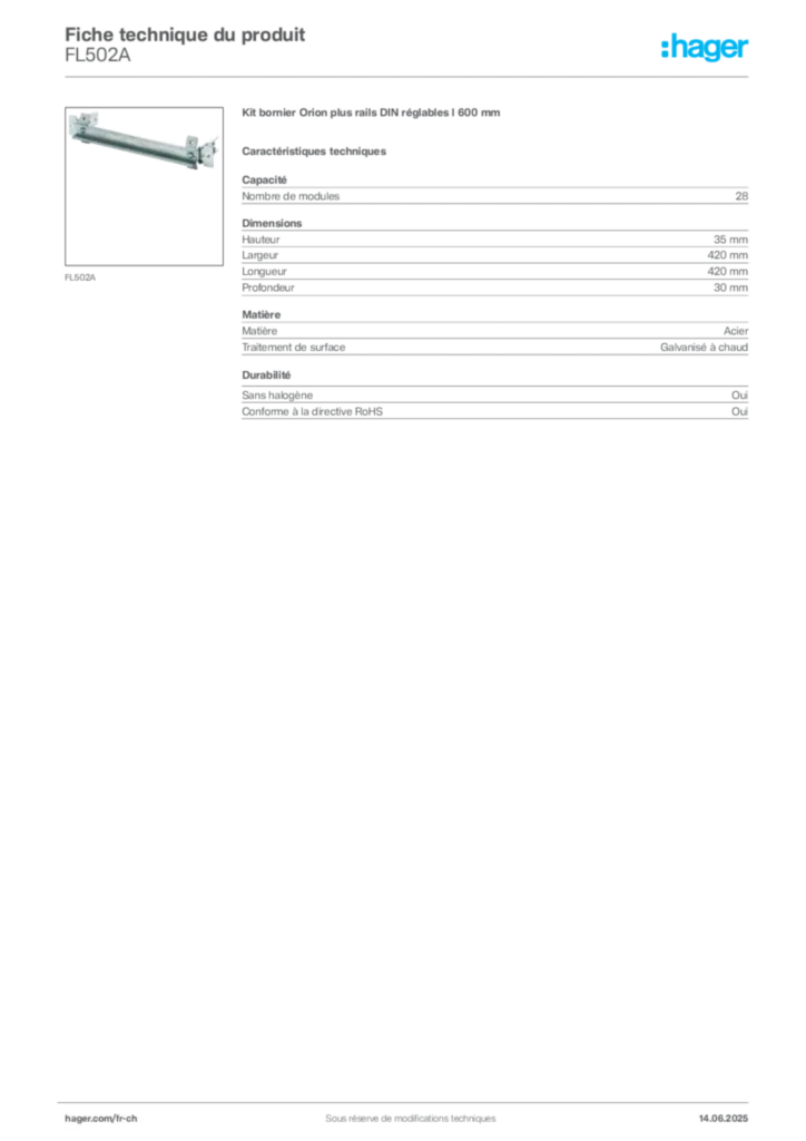 Image Hager Fiche technique du produit FL502A | Hager Suisse