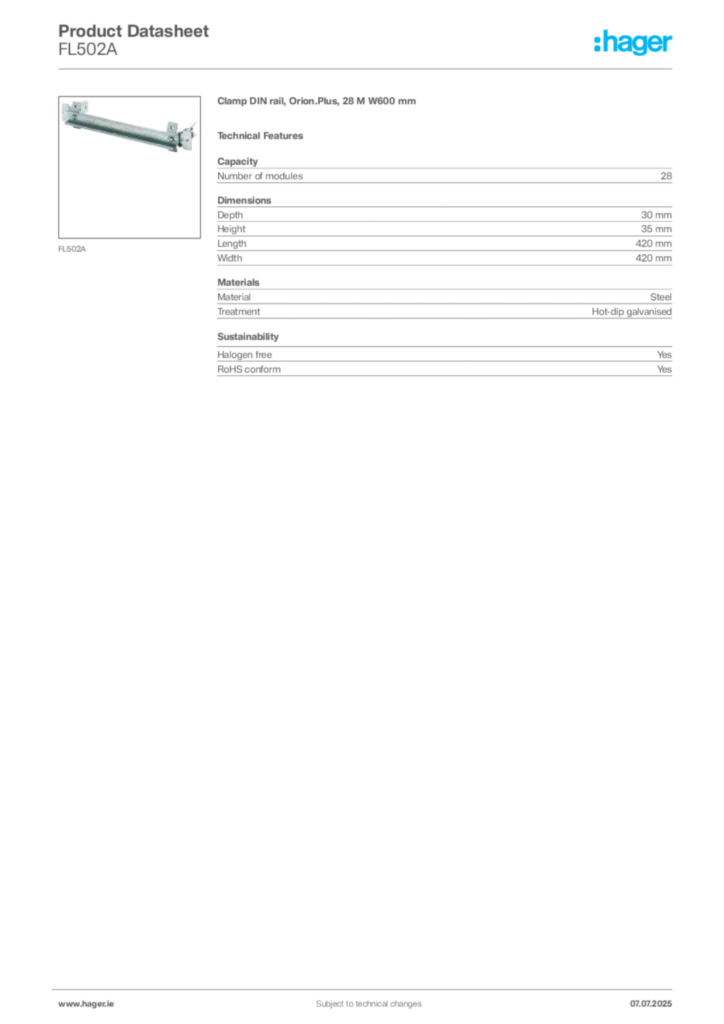 Image Hager Product data sheet FL502A  | Hager