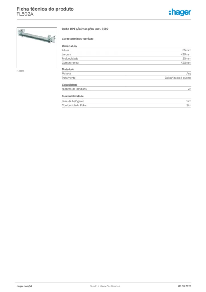 Imagem Hager Ficha técnica do produto FL502A | Hager Portugal