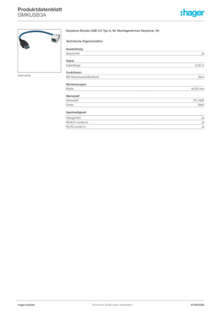 Hager Produktdatenblatt GMKUSB3A