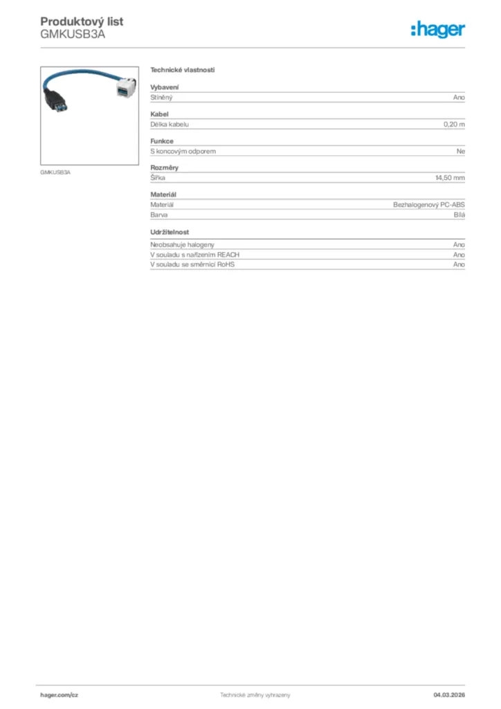 Obrázek Hager Product data sheet GMKUSB3A | Hager