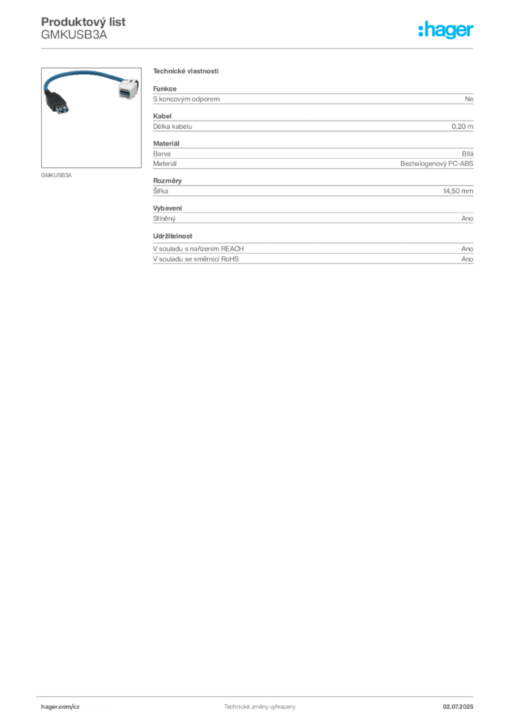 Obrázek Hager Produktový list GMKUSB3A | Hager