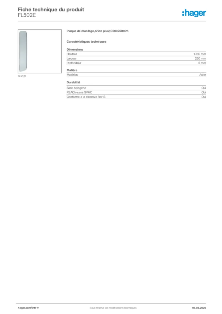 Image Hager Fiche technique du produit FL502E | Hager Afrique