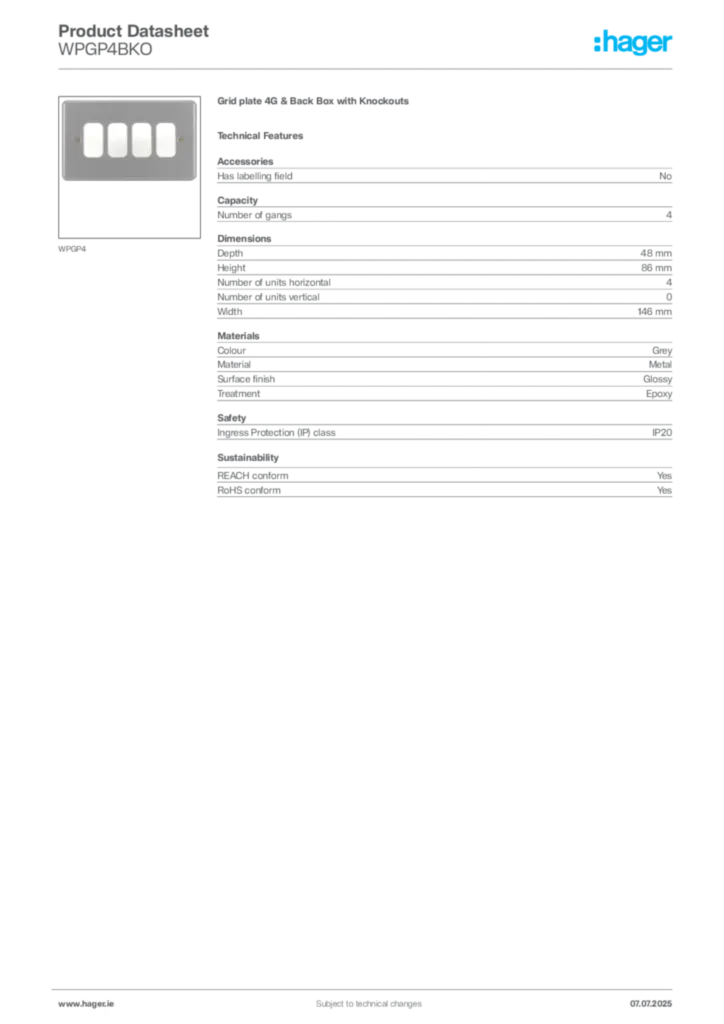Image Hager Product data sheet WPGP4BKO  | Hager