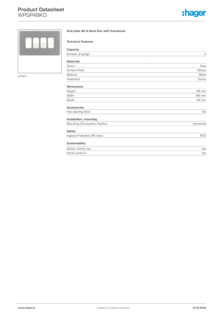 Image Hager Product data sheet WPGP4BKO  | Hager