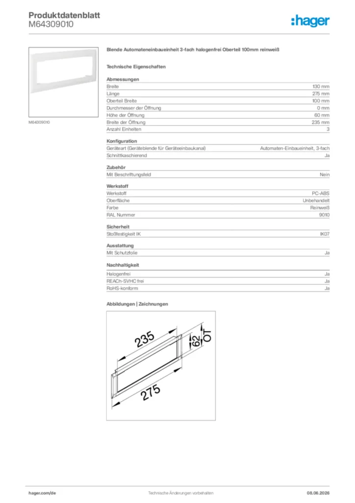 Bild Hager Produktdatenblatt M64309010 | Hager Deutschland