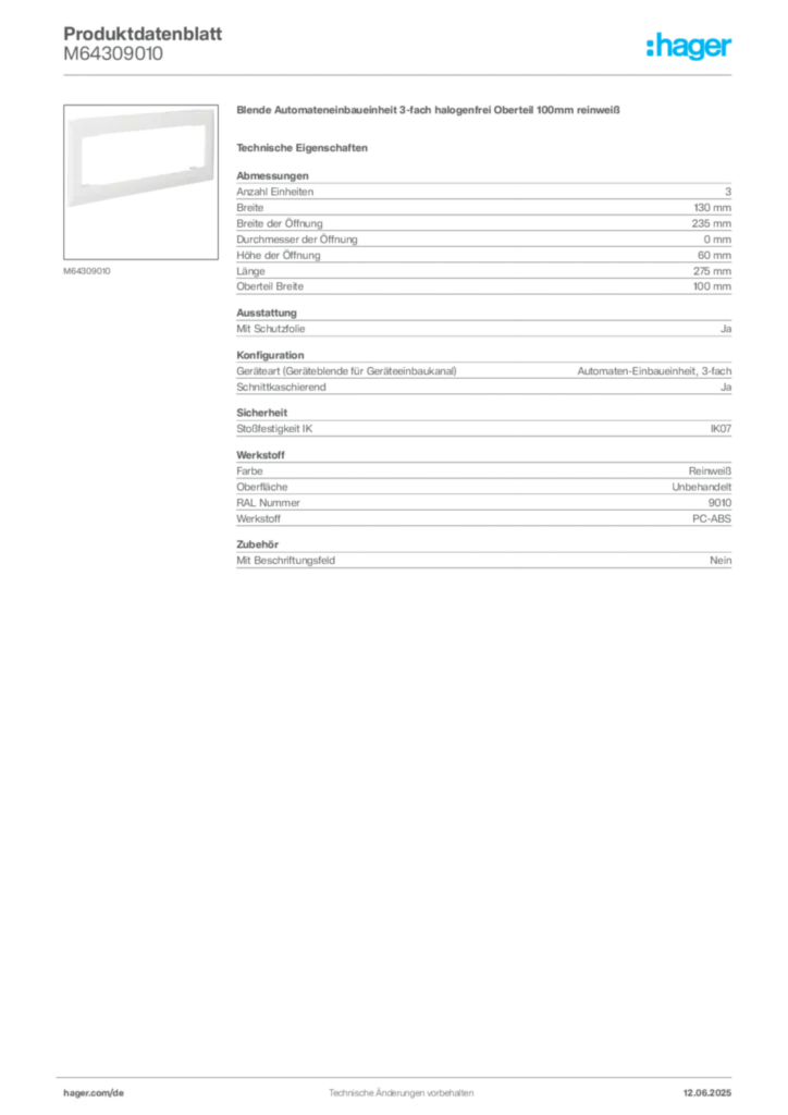 Hager Produktdatenblatt M64309010