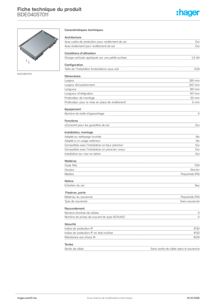 Image Hager Fiche technique du produit BDE04057011 | Hager Belgique