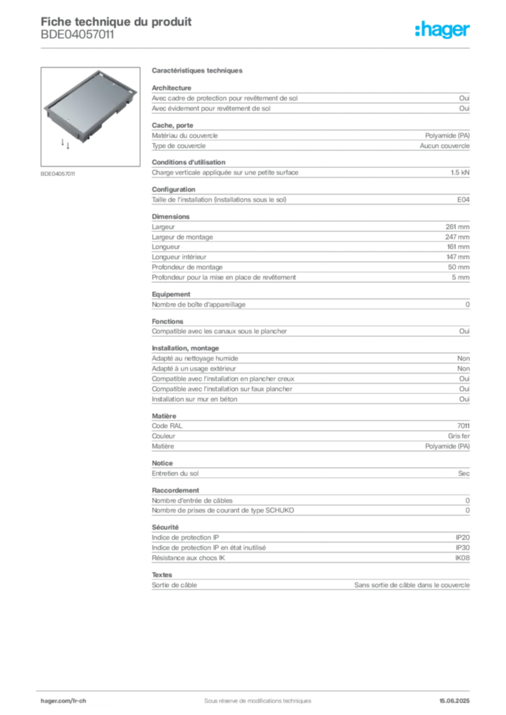 Image Hager Fiche technique du produit BDE04057011 | Hager Suisse