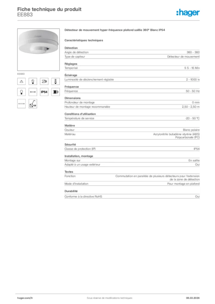 Image Hager Fiche technique du produit EE883 | Hager France