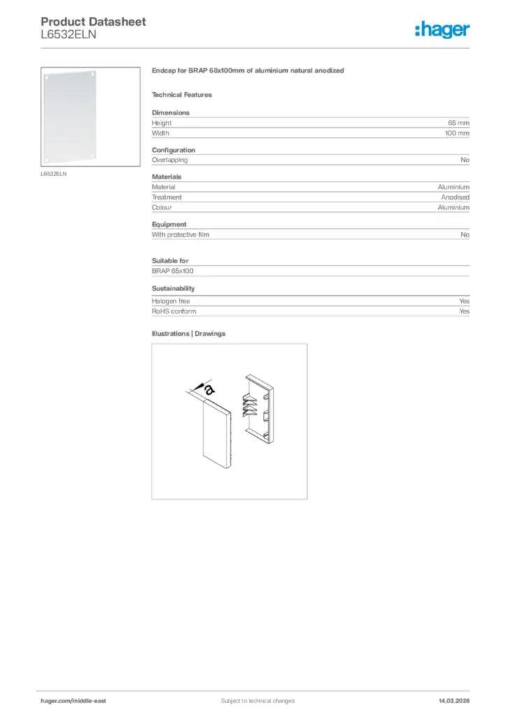 Image Hager Product data sheet L6532ELN  | Hager