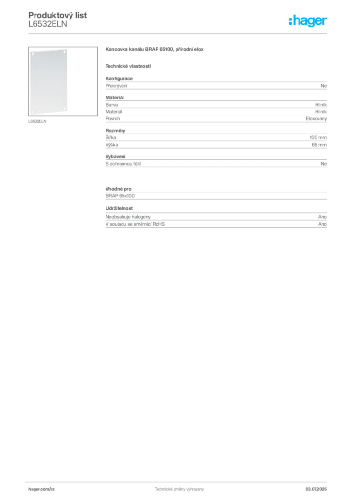 Obrázek Hager Produktový list L6532ELN | Hager