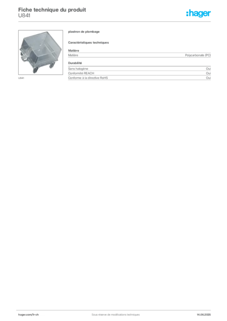 Image Hager Fiche technique du produit U841 | Hager Suisse