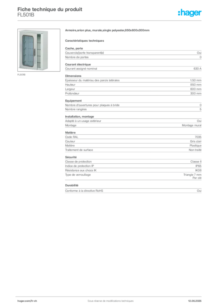 Image Hager Fiche technique du produit FL501B | Hager Suisse