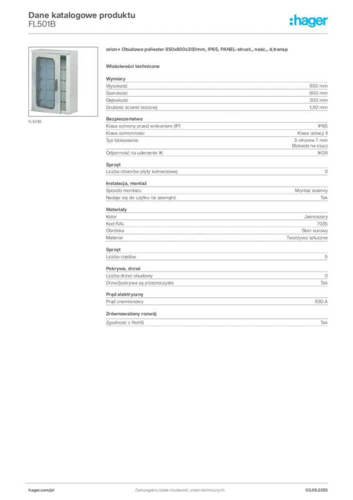 Zdjęcie Hager Karta katalogowa FL501B | Hager Polska