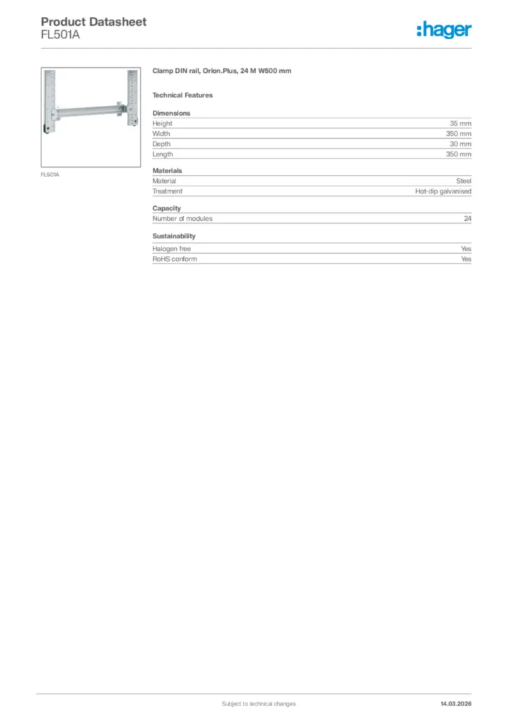 Image Hager Product data sheet FL501A  | Hager Africa