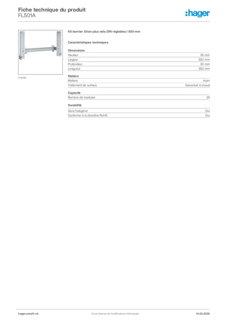 Image Hager Fiche technique du produit FL501A | Hager Suisse