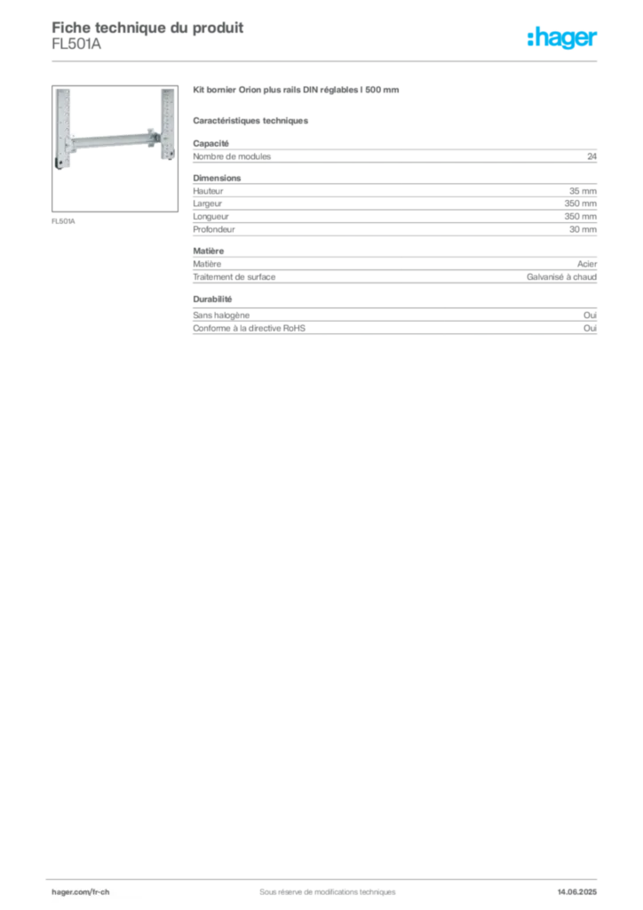 Image Hager Fiche technique du produit FL501A | Hager Suisse