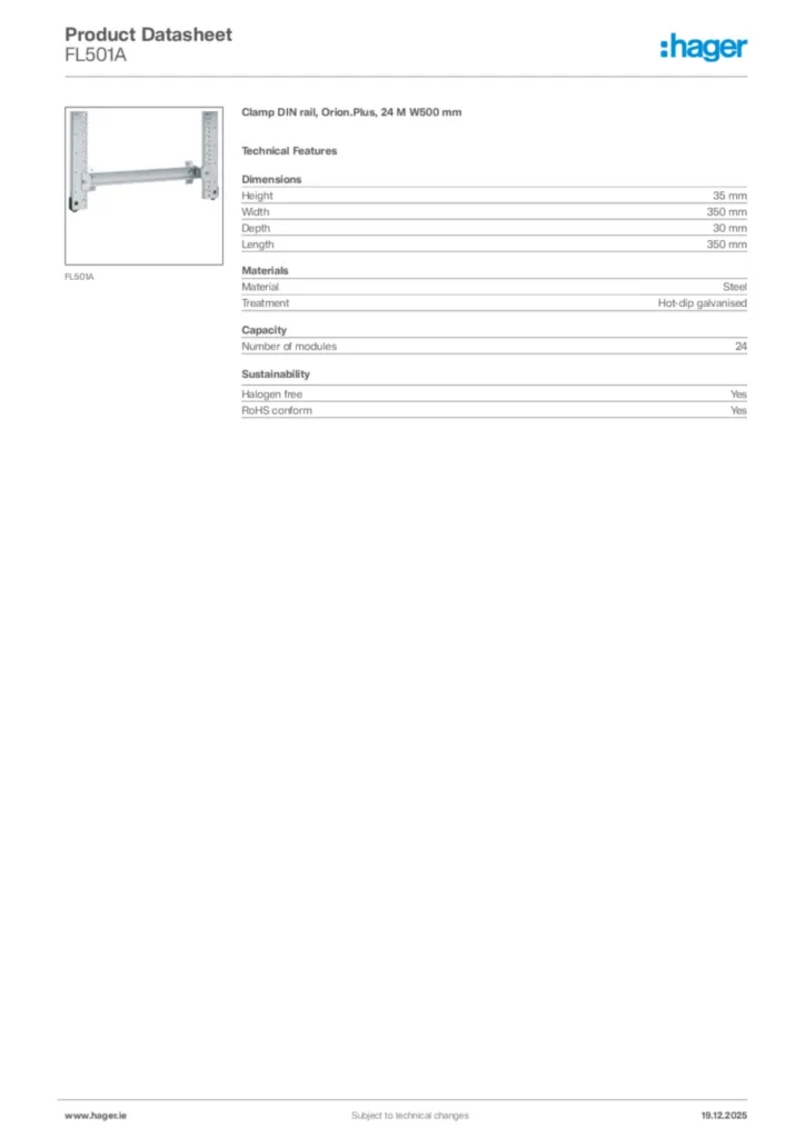 Image Hager Product data sheet FL501A  | Hager