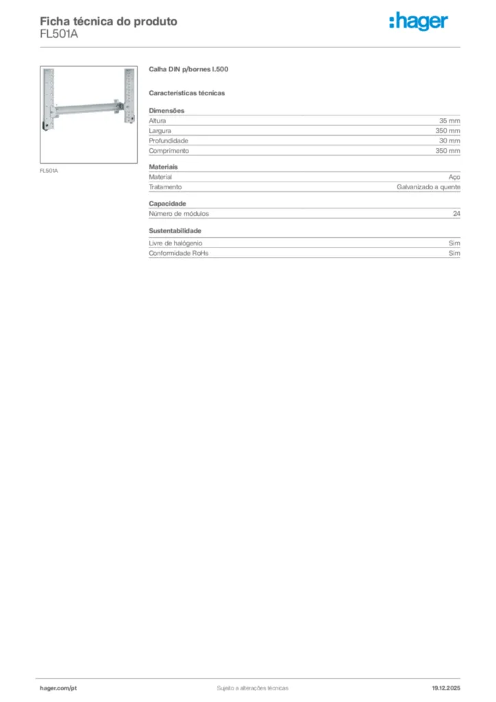 Imagem Hager Ficha técnica do produto FL501A | Hager Portugal