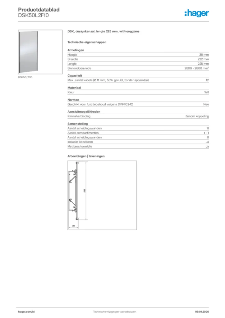 Afbeelding Hager Productdatablad DSK50L2F10 | Hager Nederland