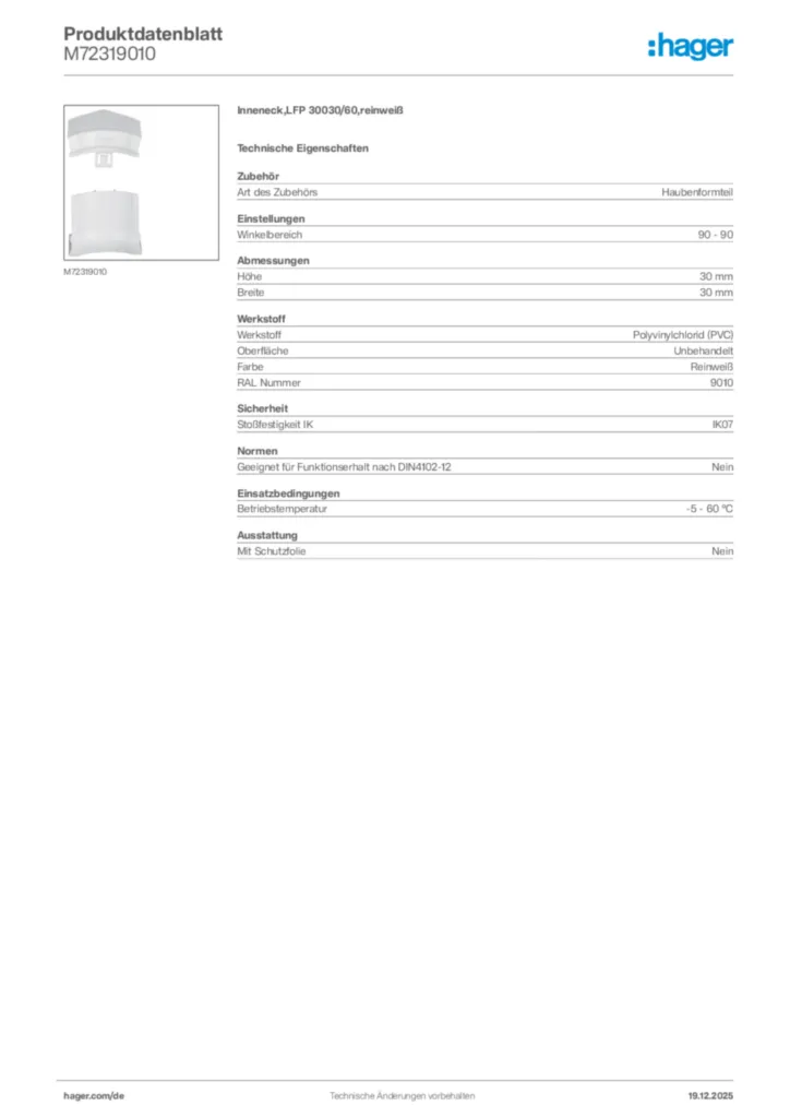 Bild Hager Produktdatenblatt M72319010 | Hager Deutschland