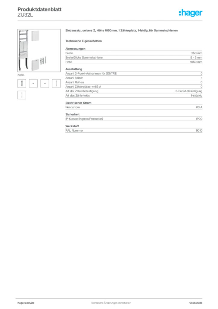 Bild Hager Produktdatenblatt ZU32L | Hager Deutschland