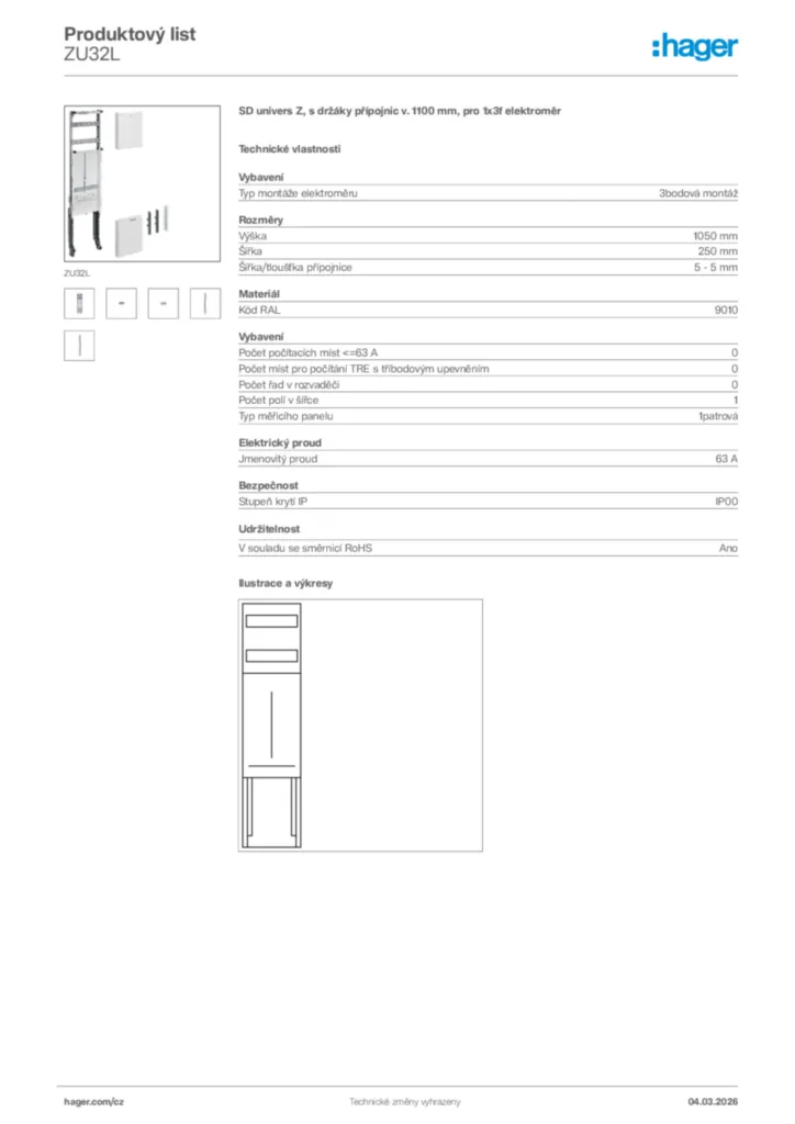 Obrázek Hager Product data sheet ZU32L | Hager